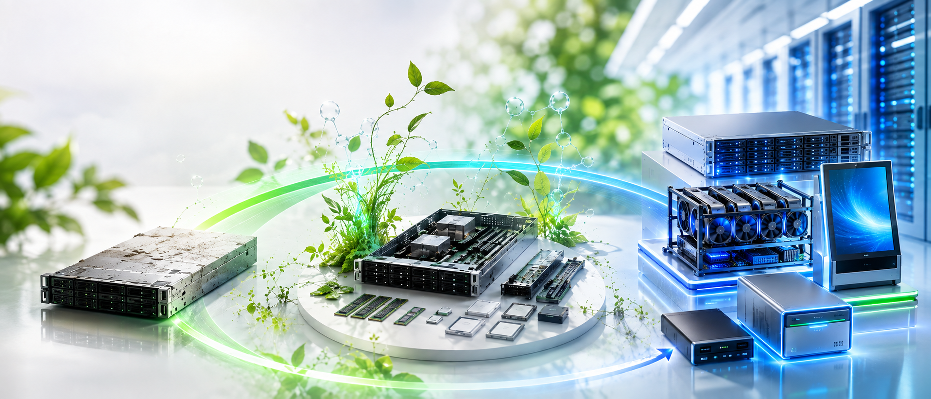 IT and data center assets arranged in a circular lifecycle flow from retired equipment to refreshed infrastructure